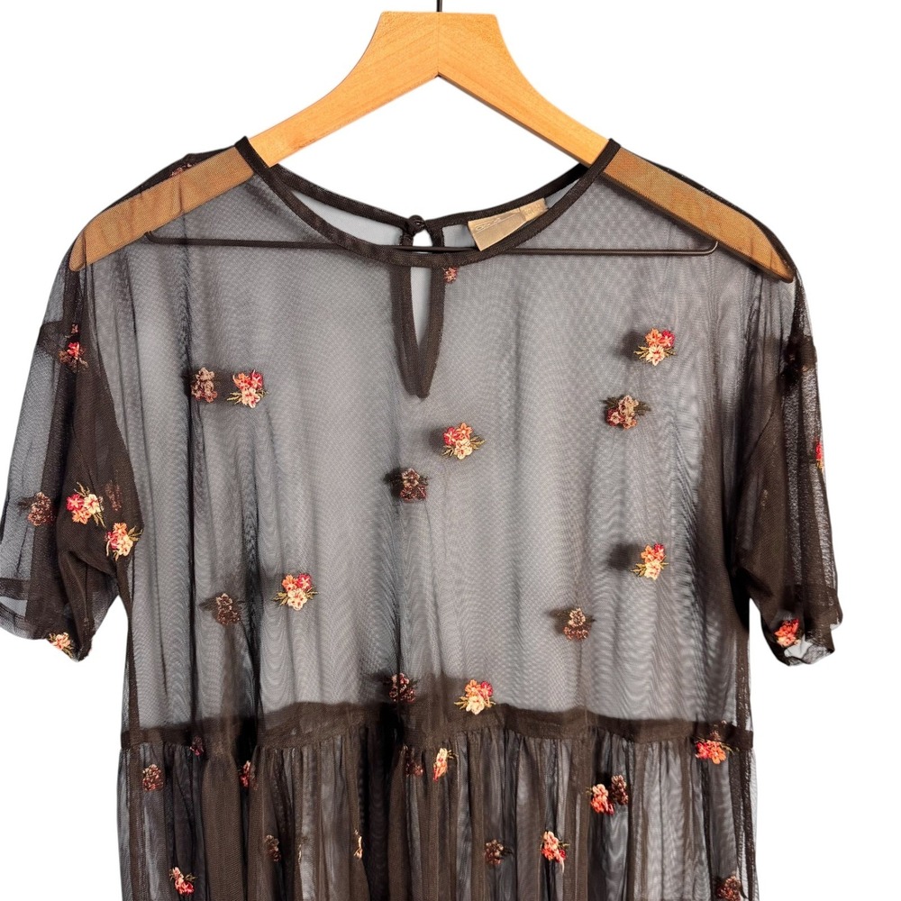 ASOS Whimsical Sheer Mesh Floral Embroidered Babydoll Top US 8 Coquette Grunge - Picture 4 of 7